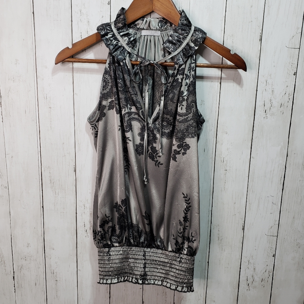 Max Rave Gray Black Satin Floral Print Sleeveless